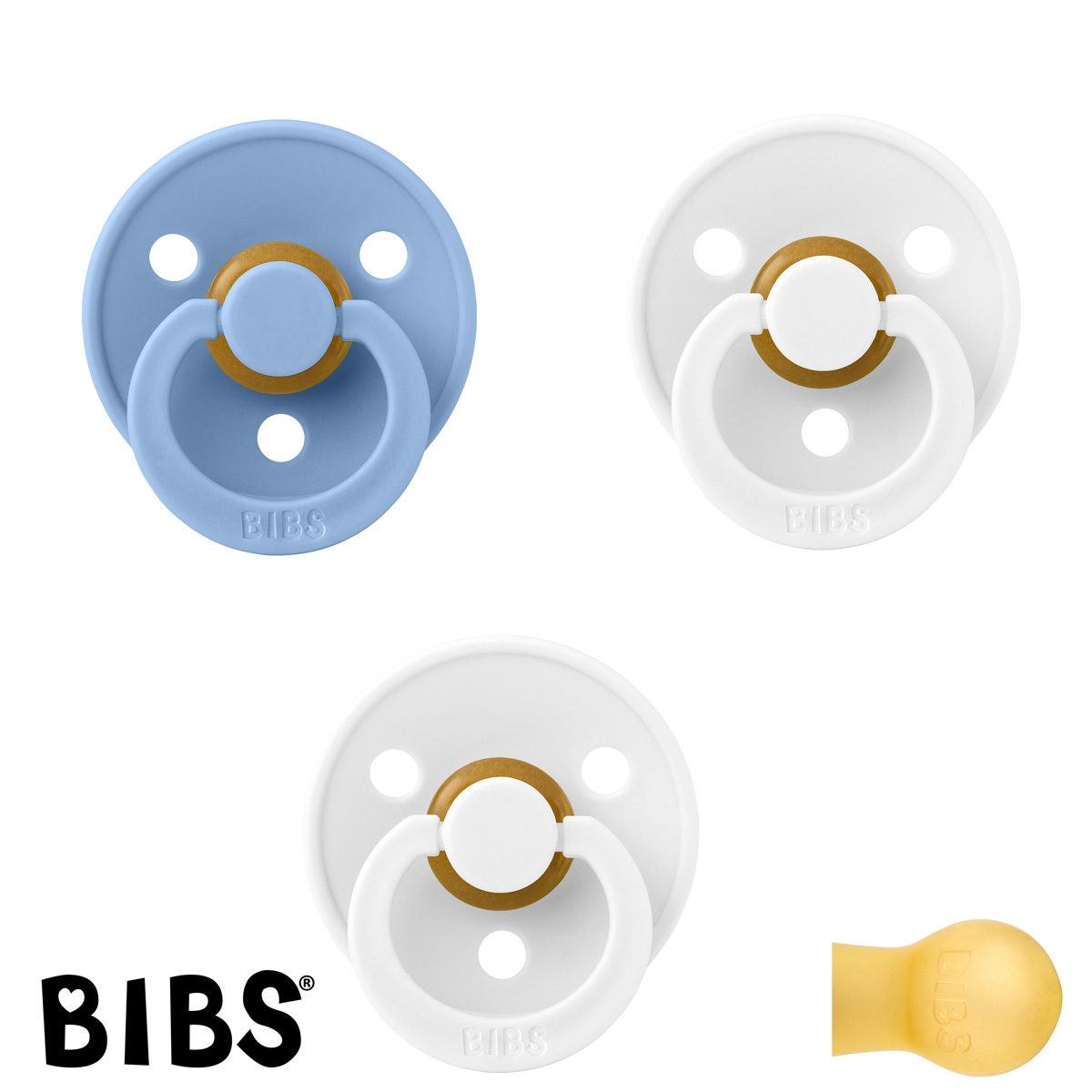 BIBS Colour Sutter med navn str1, 1 Sky Blue, 2 White, Runde latex, Pakke med 3 sutter